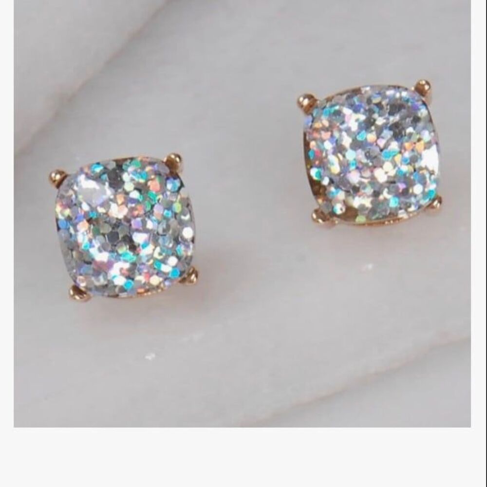 NEW! Clear Glitter Gold Confetti  Stud Earrings Large square